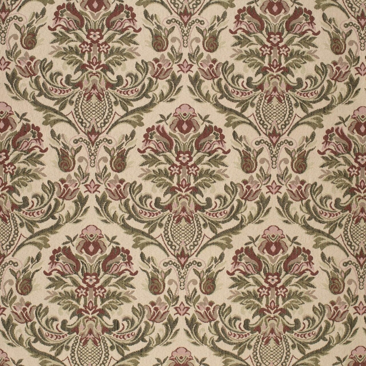 Green-Red-Burgundy Floral Performance Grade Damask Geometric Woven Pattern Upholstery Fabric by The Yard - SKU: Portage Fern